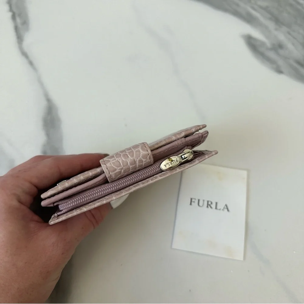 FURLA Baby Pink Croc-Embossed Leather Wallet – Genuine Leather, Button Closure